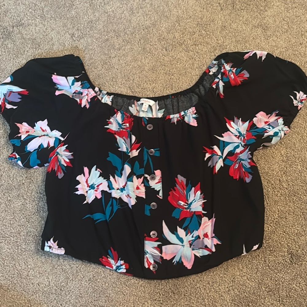 Candie’s Black and Floral Cropped Blouse